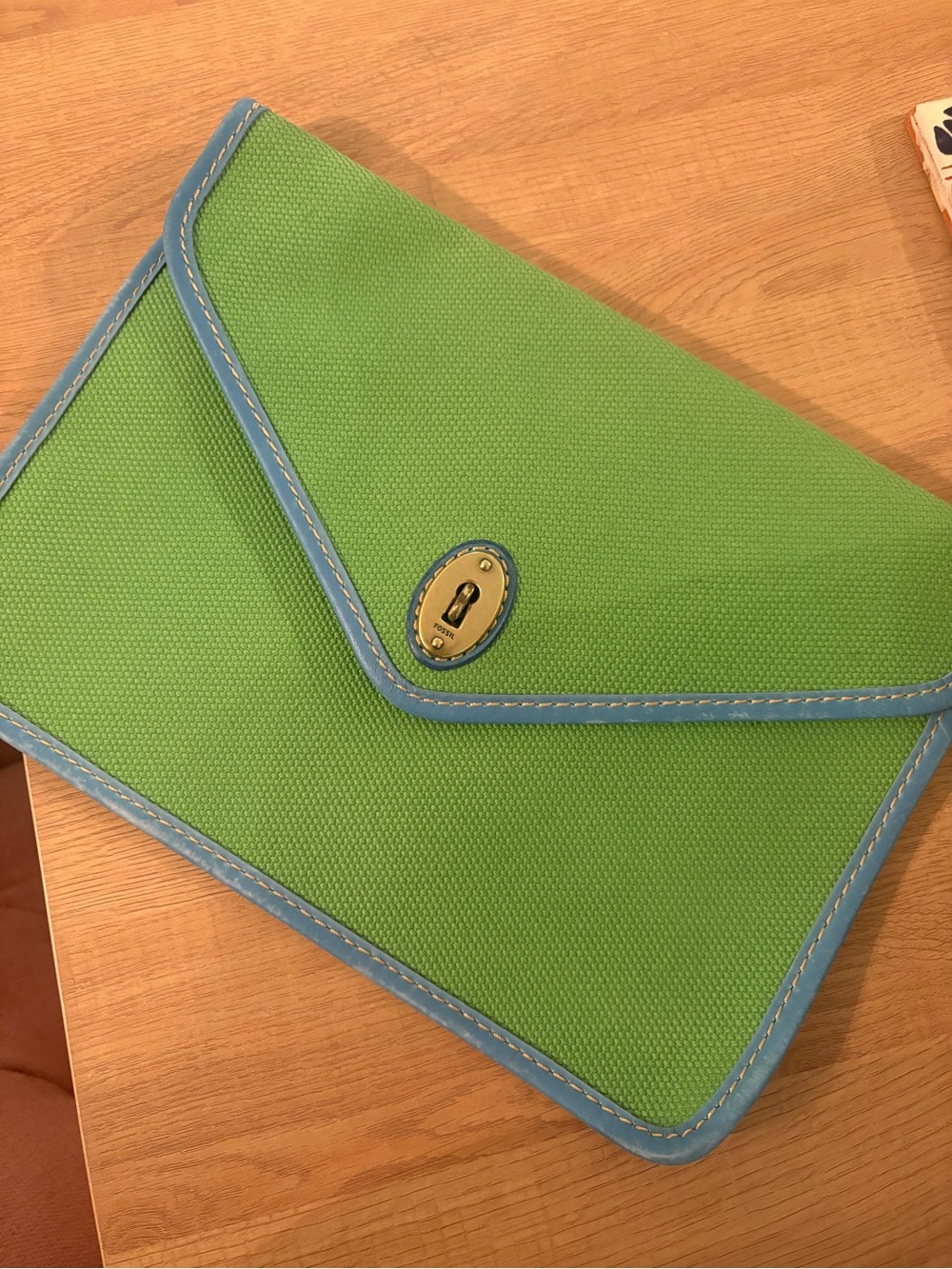 Fossil Green Canvas Clutch with Blue Trim